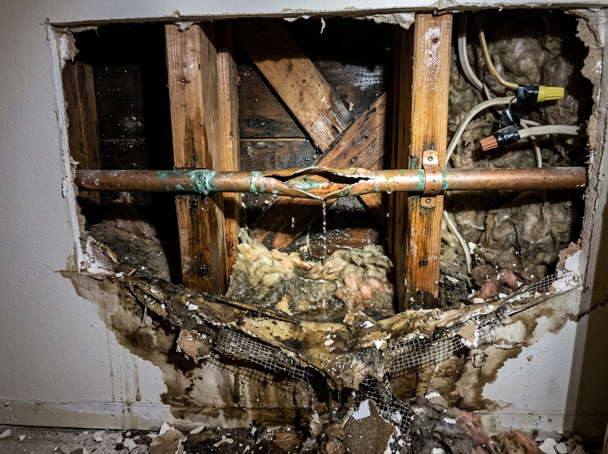 Burst copper supply line with water damage visible on the ceiling below