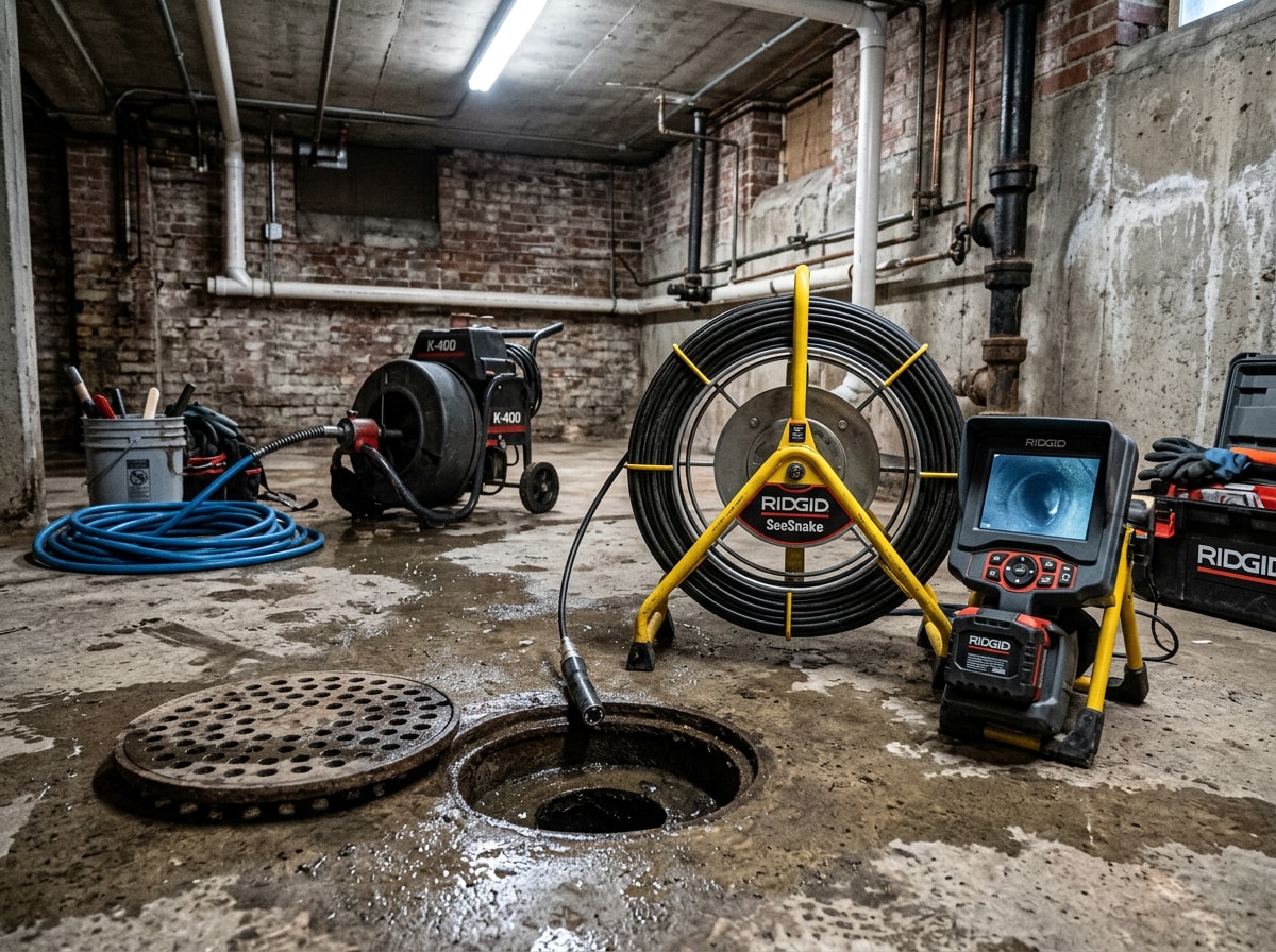Basement floor drain backup with a sewer camera cable staged for inspection