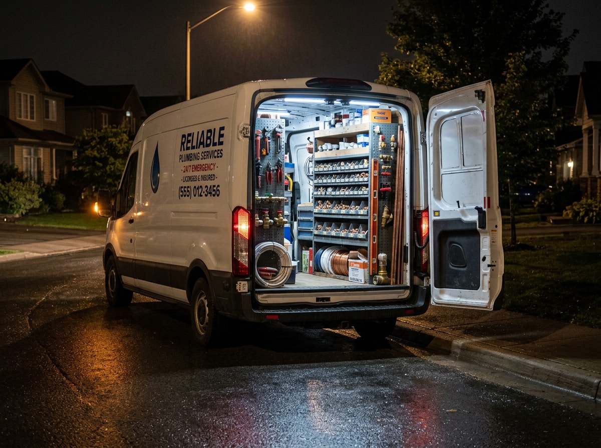Stocked emergency plumbing service van parked at a residential curb at night