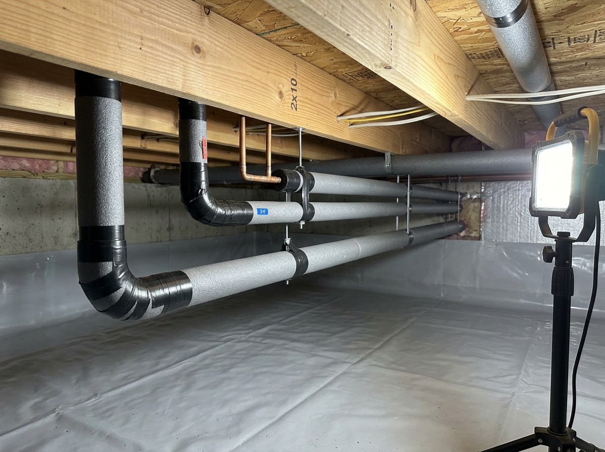 Foam pipe insulation fitted to exposed copper supply lines in a crawlspace
