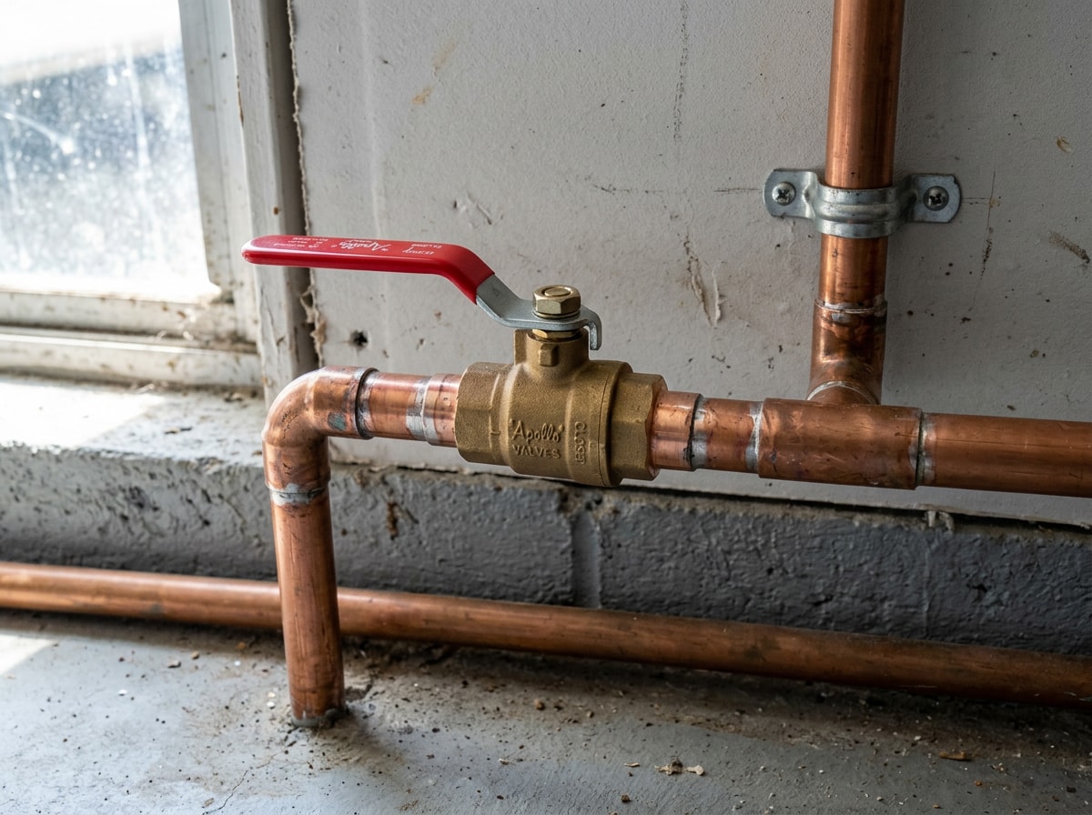 Main water shut-off valve on a residential copper supply line being closed during an emergency