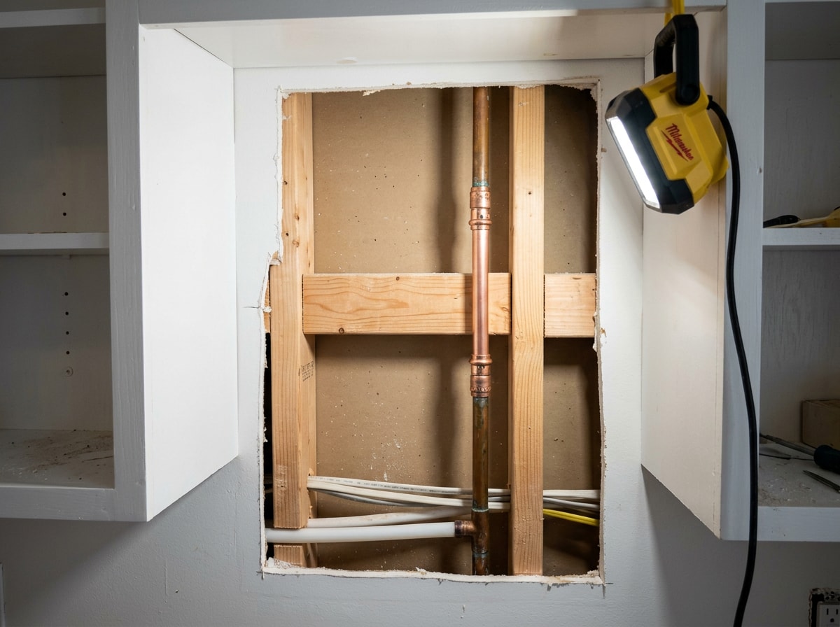 Repaired copper supply line section with new fittings inside an opened kitchen cabinet wall
