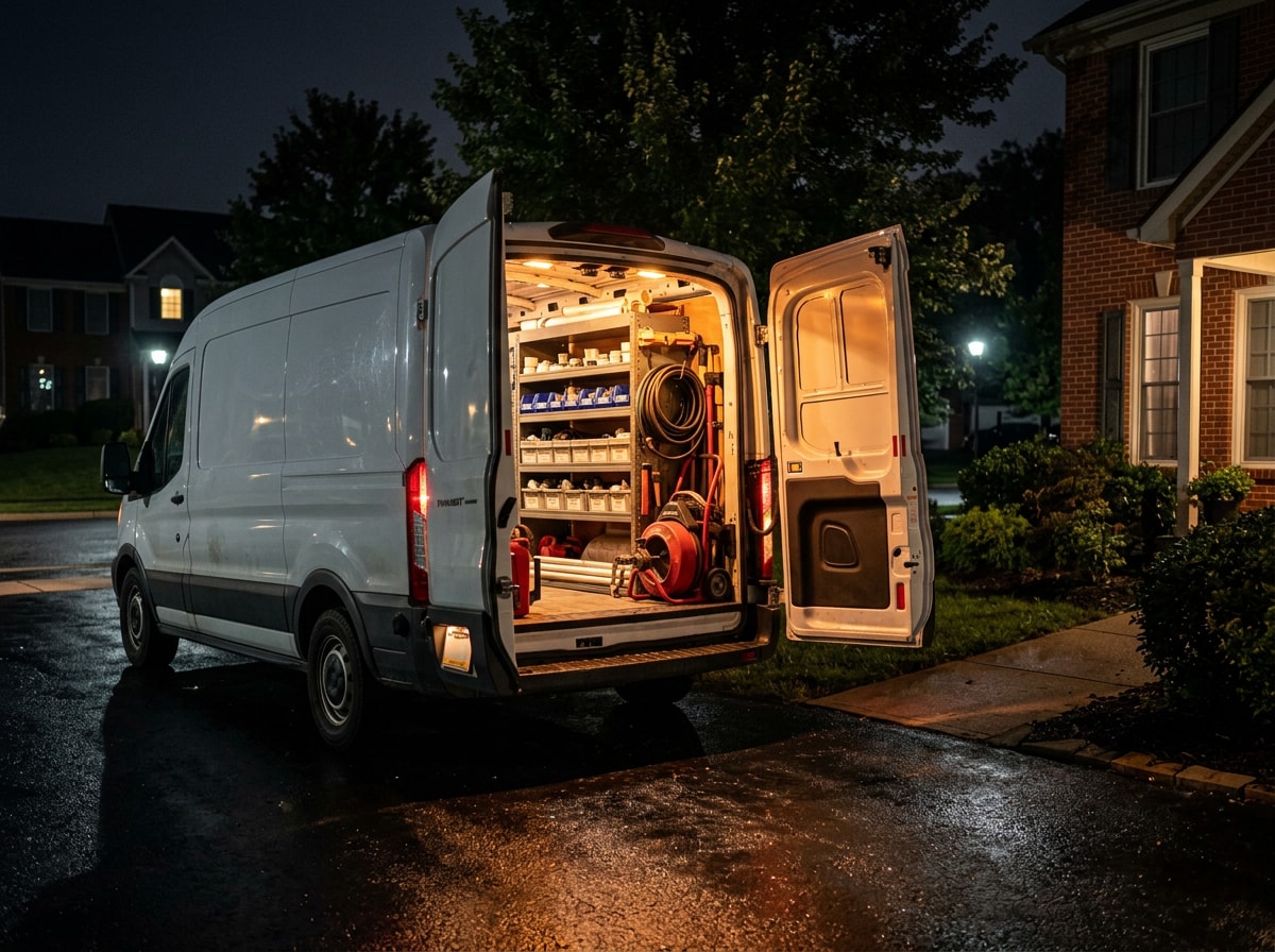 Licensed plumbing service van parked at a residential driveway at night with work lights on