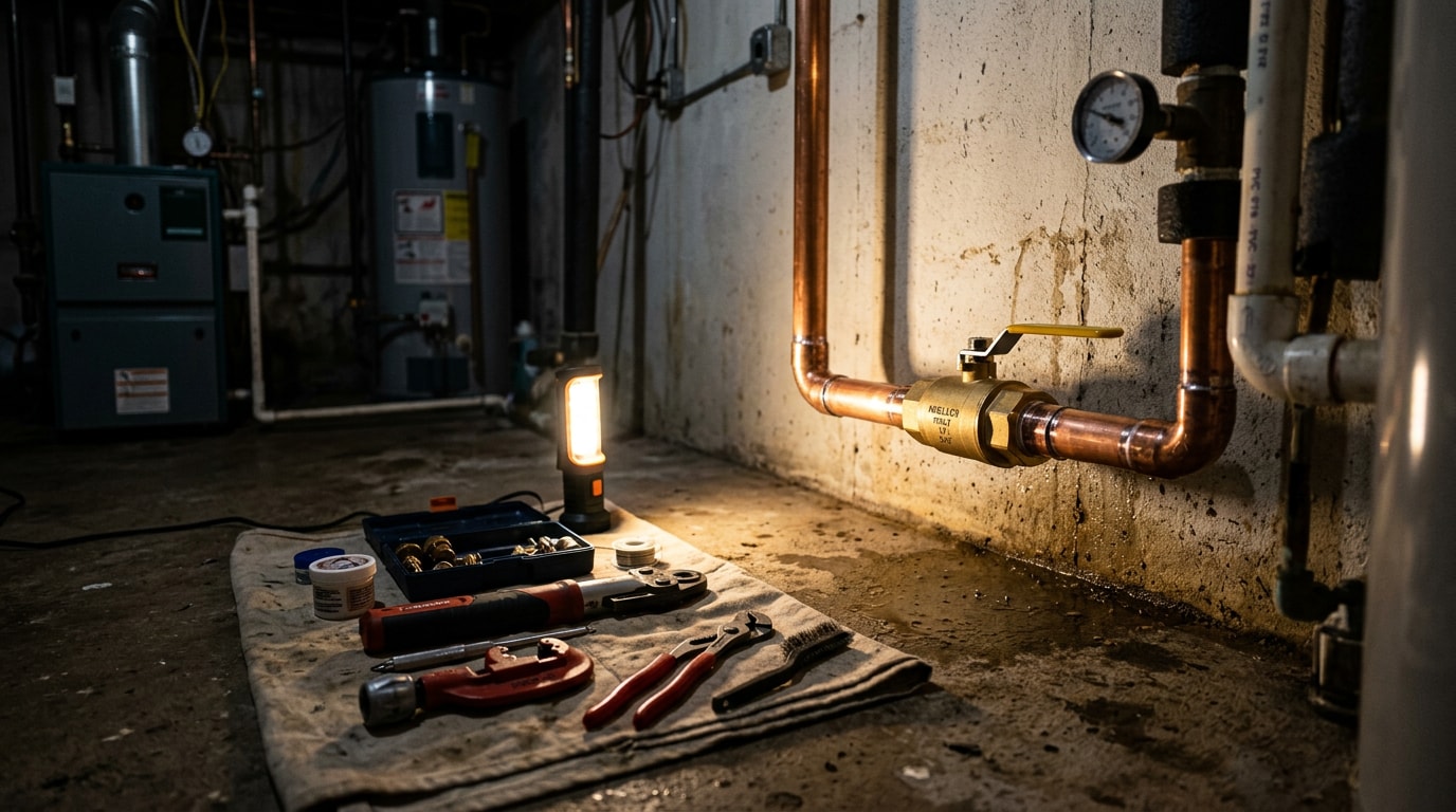 Freshly repaired copper water line and brass shut-off valve in a home utility room at night Freshly repaired copper water line and brass shut-off valve in a home utility room at night