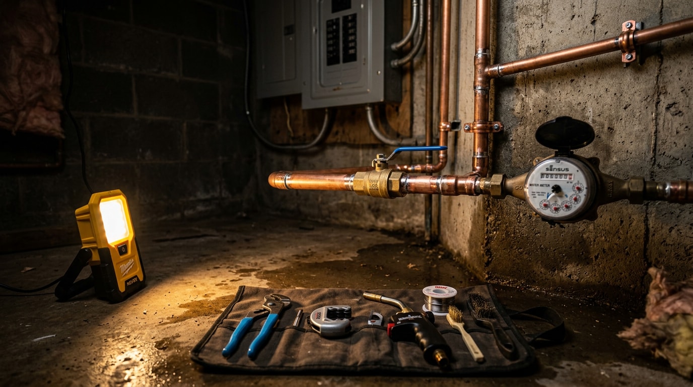 Main water shutoff ball valve on a copper supply line lit by a work light at night Main water shutoff ball valve on a copper supply line lit by a work light at night