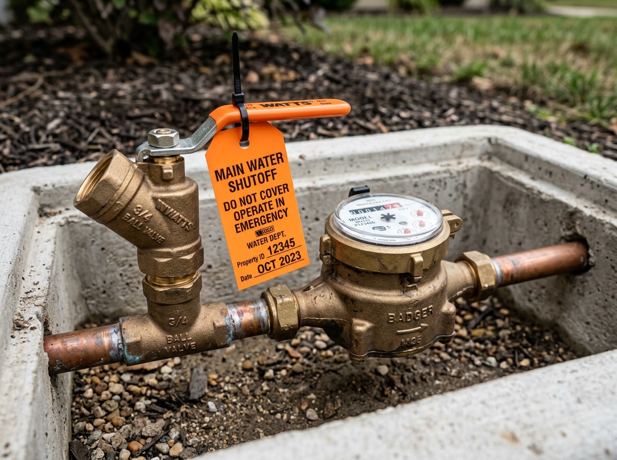 Residential main water shutoff valve tagged for emergency access next to a water meter