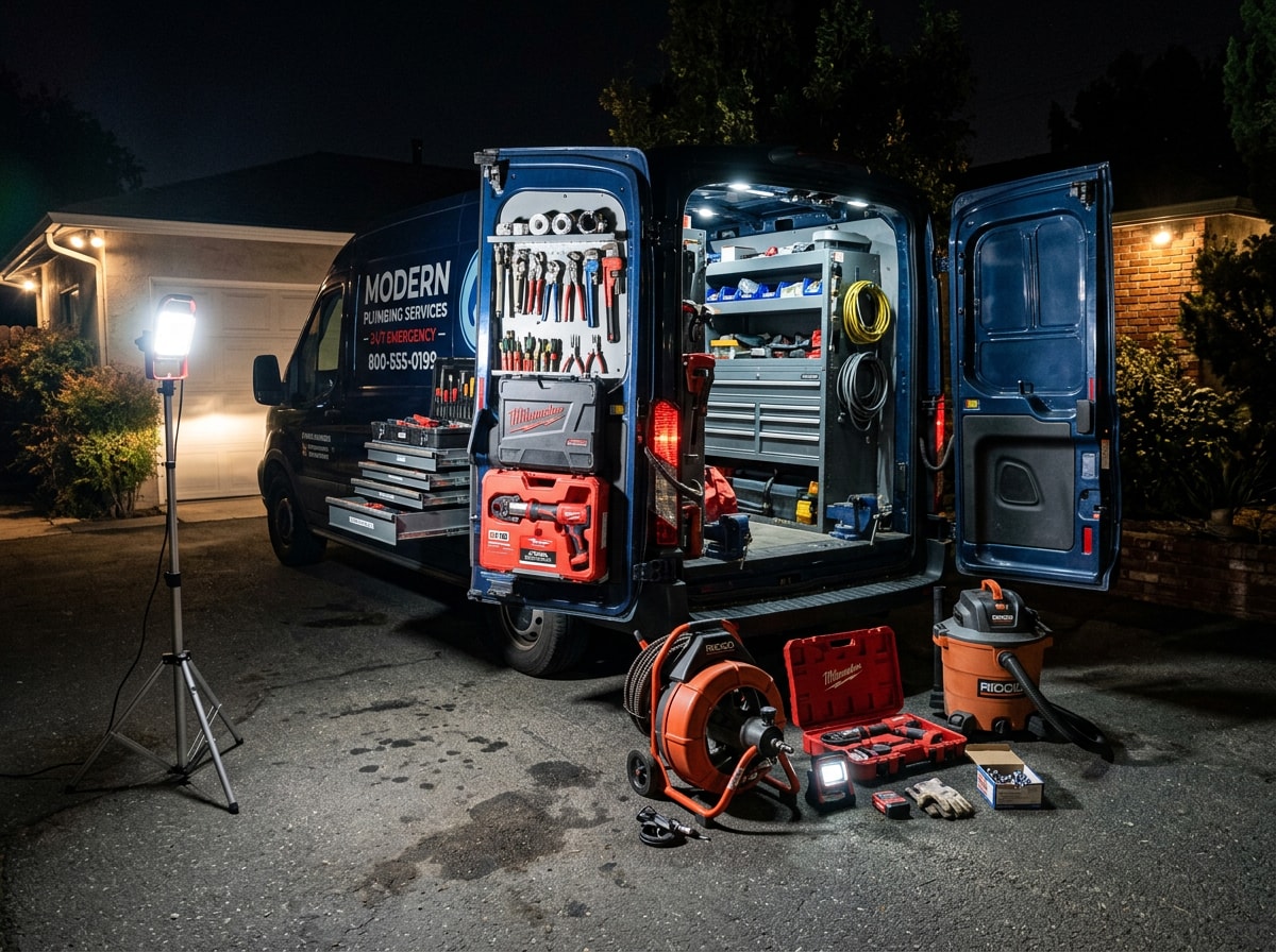 Night service van with open doors and organized plumbing tools parked in a residential driveway