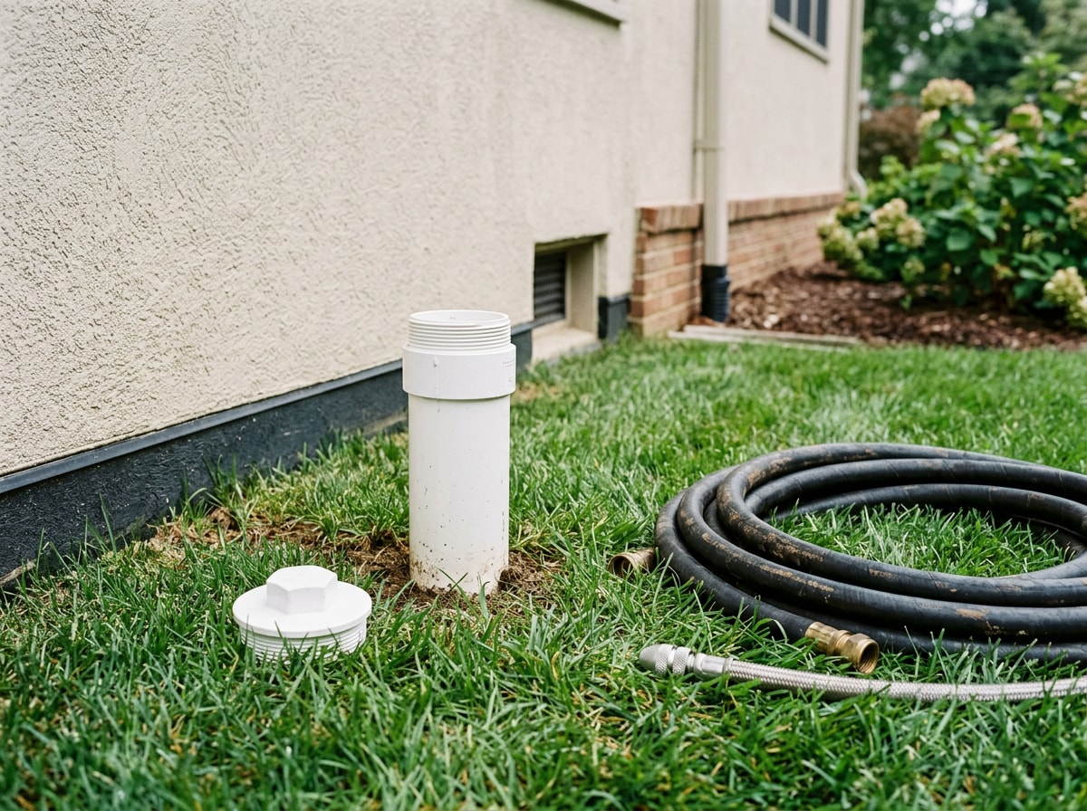 Exterior sewer cleanout access cap in a yard with cap removed beside drain cleaning equipment