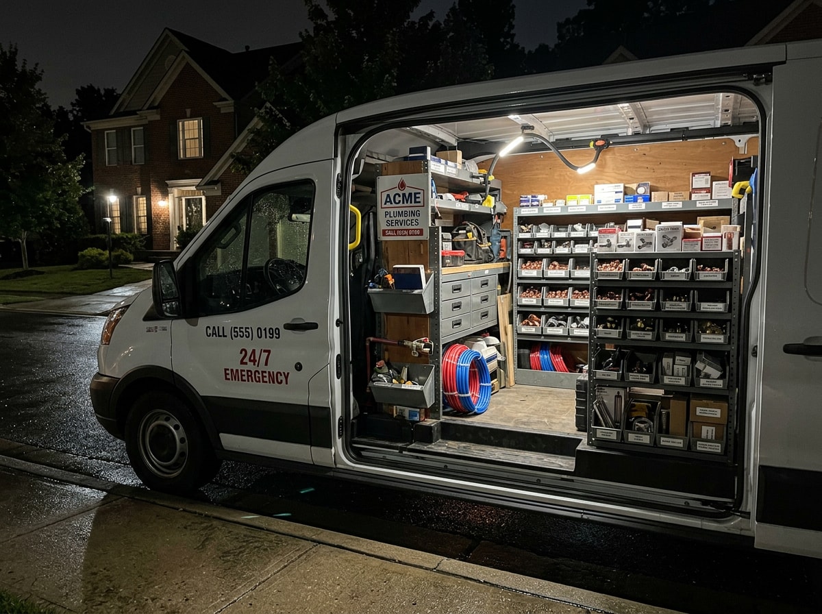 Stocked plumbing service van parked at a residential curb at night with work light on