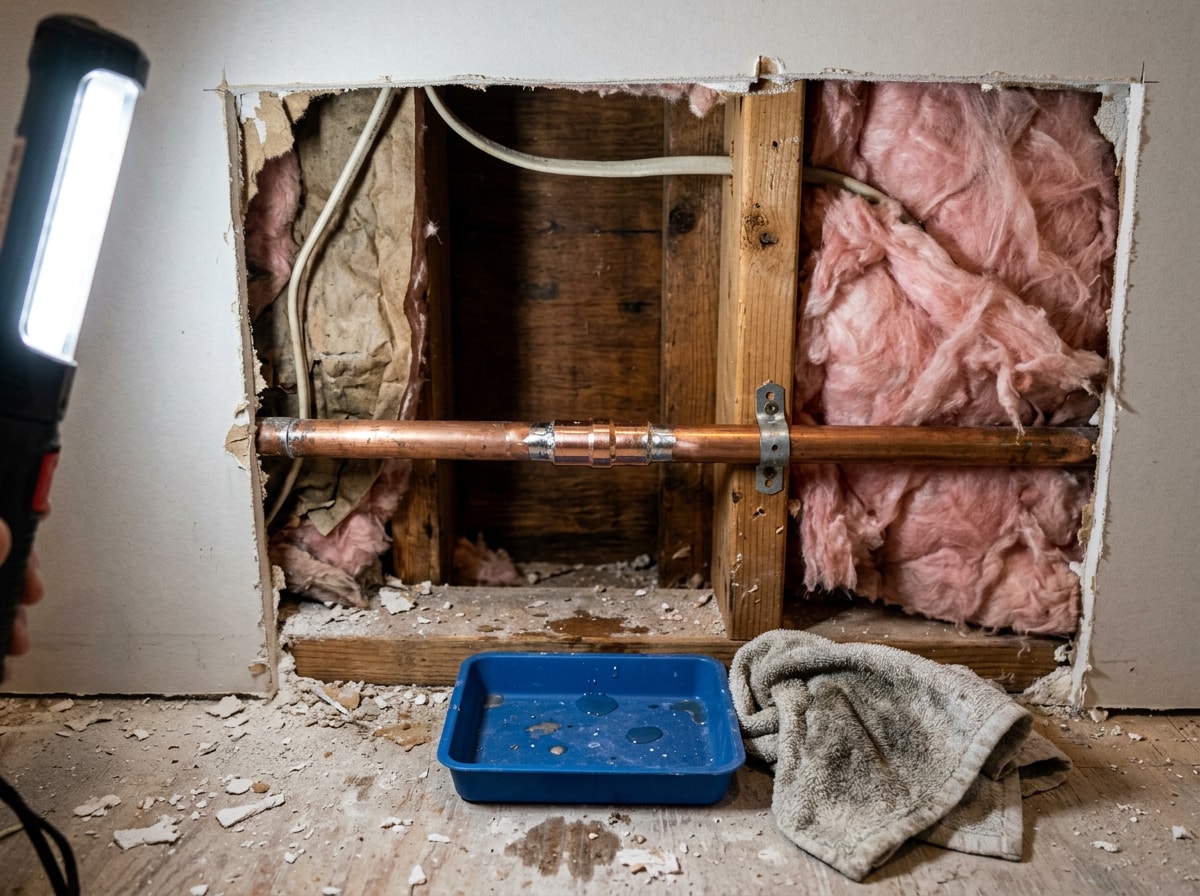 Repaired section of copper supply pipe inside an open wall cavity with insulation pulled back