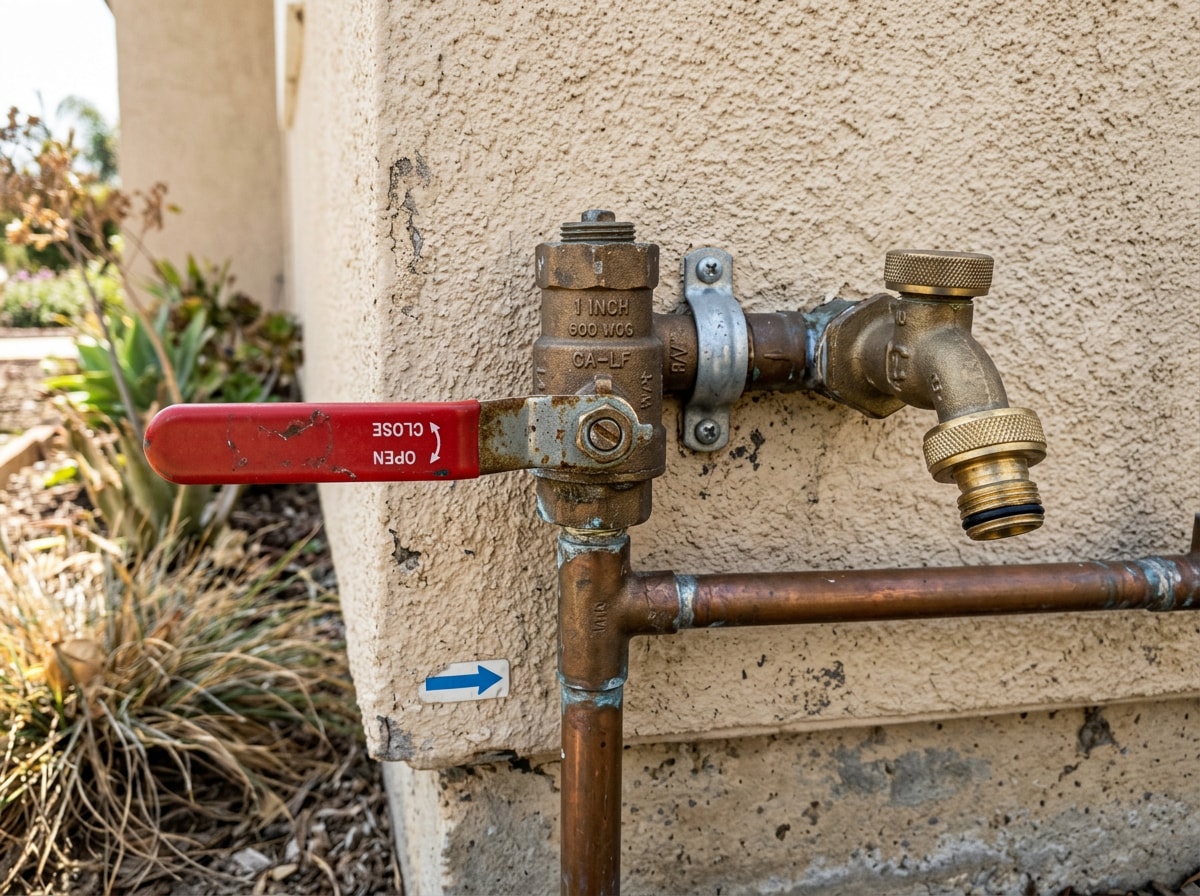 Close-up of a quarter-turn main water shutoff valve on an exterior wall next to a hose bib