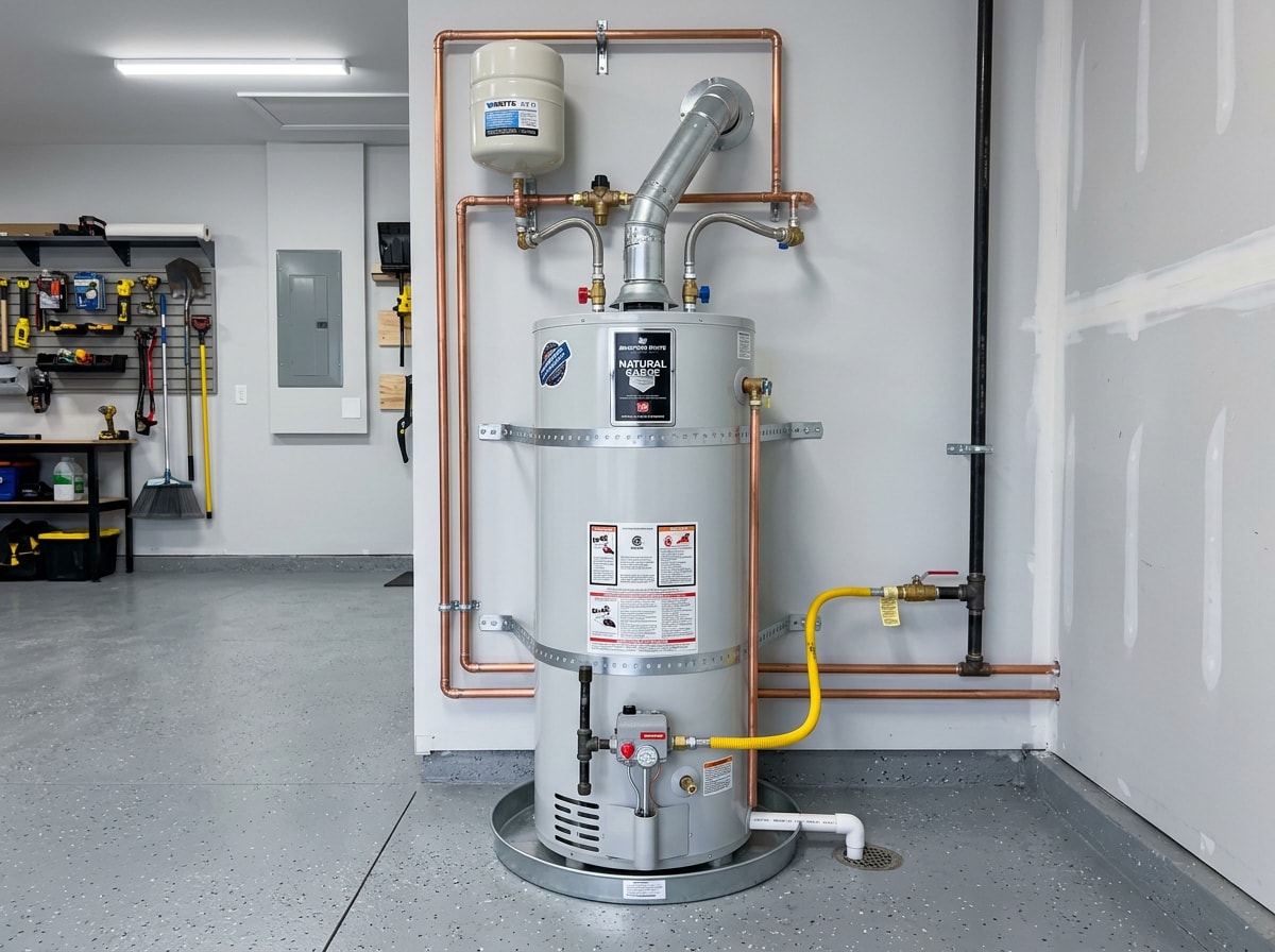 Water heater installed on a drain pan with labeled shutoff valve and expansion tank in a clean garage
