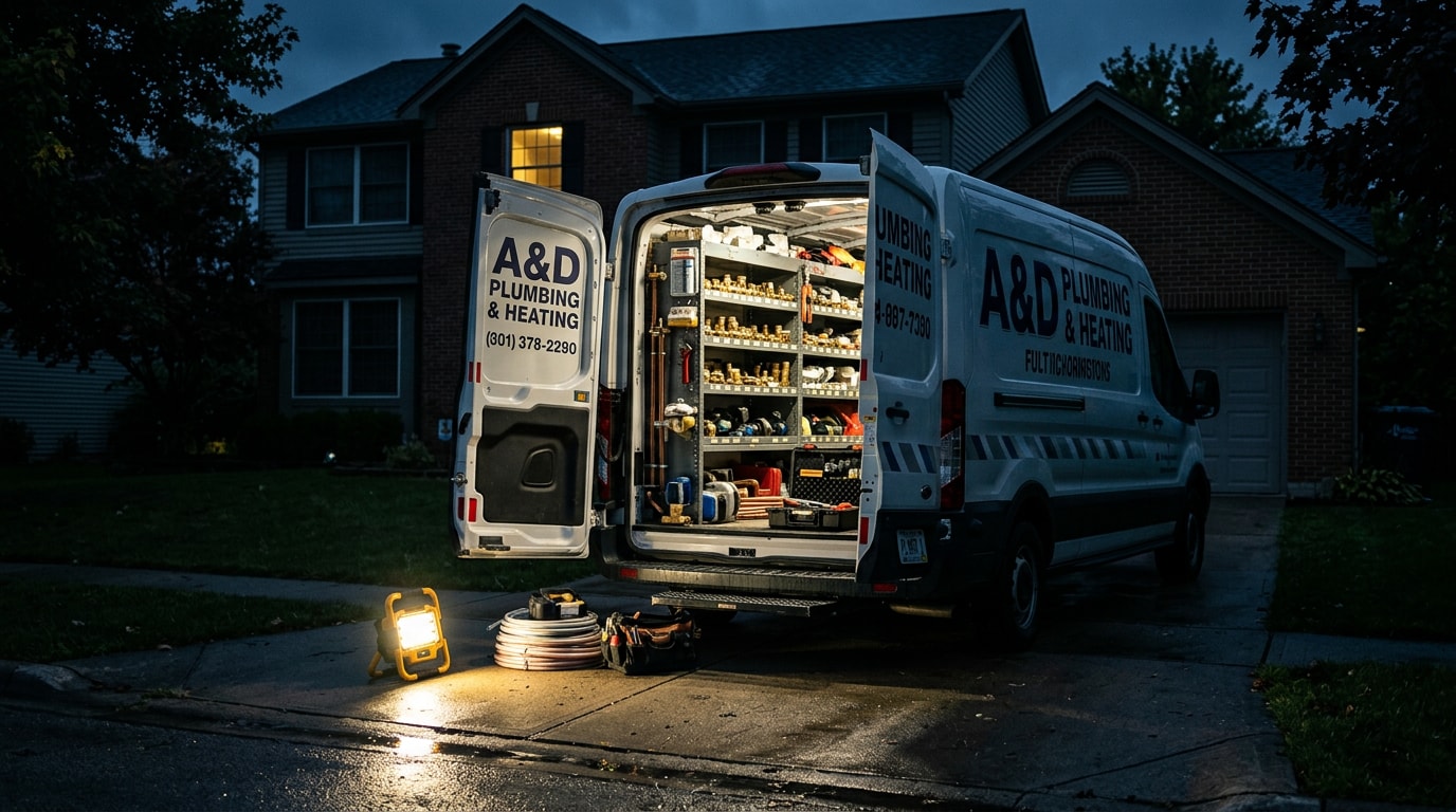 Stocked 24 hour plumbing service van parked at a home at night with open doors and work light