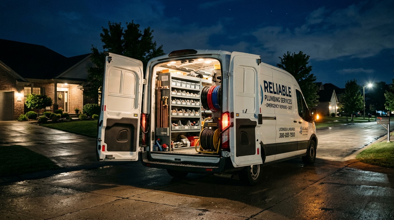 Plumbing service van parked at a home at night for a 24 hour plumbing service call