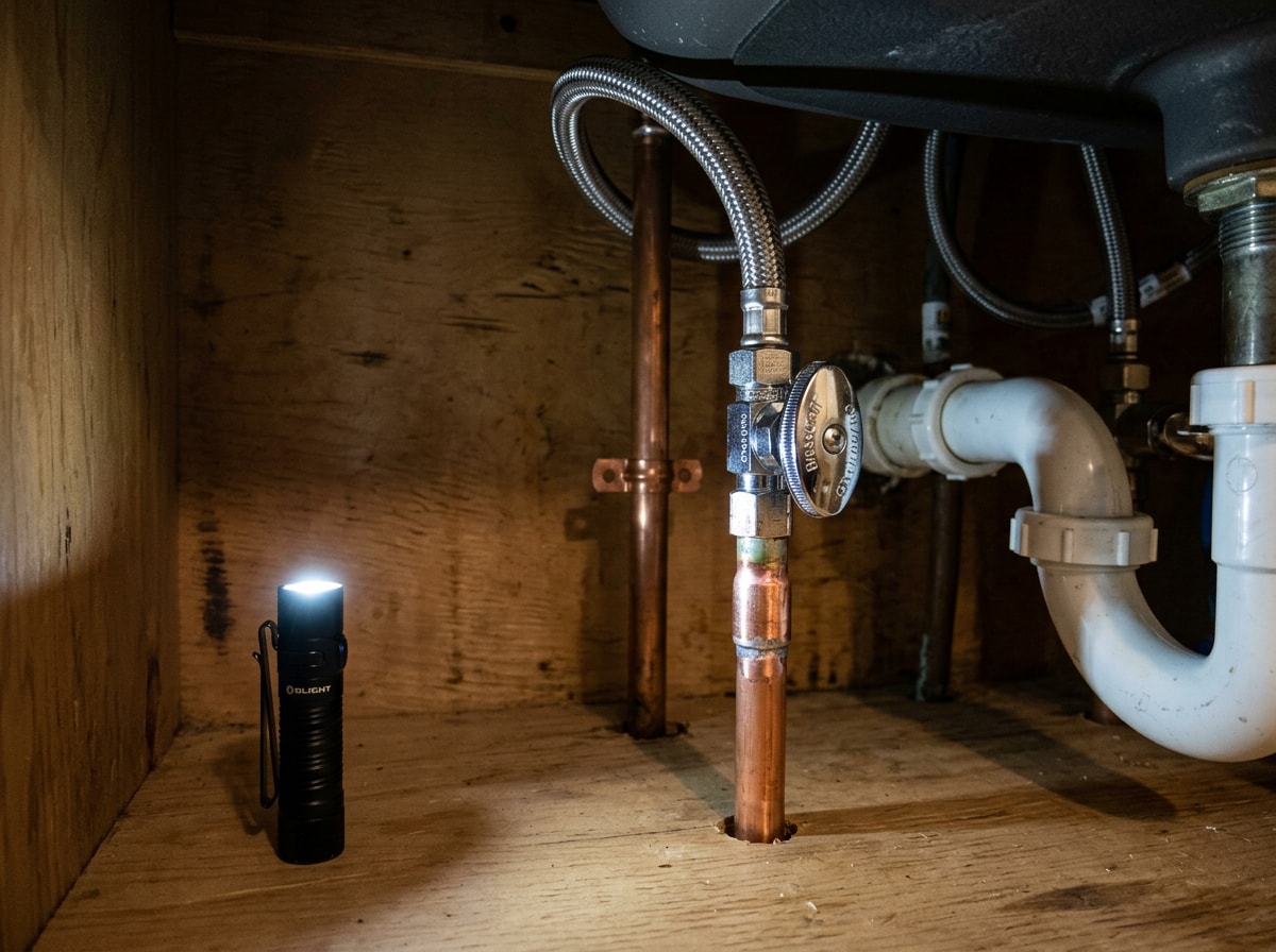 Repaired copper water line with new shutoff valve under a bathroom vanity at night