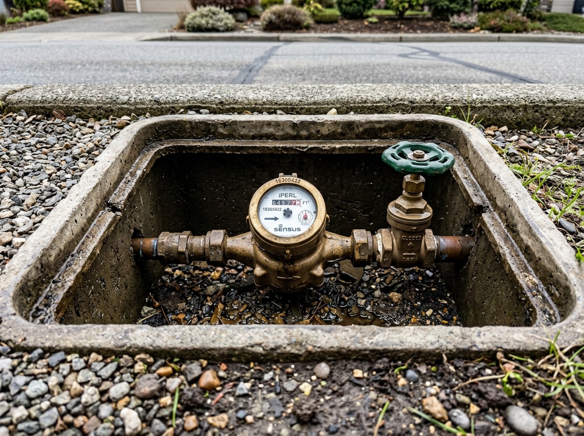 Open water meter box showing a main water shut-off valve in the closed position