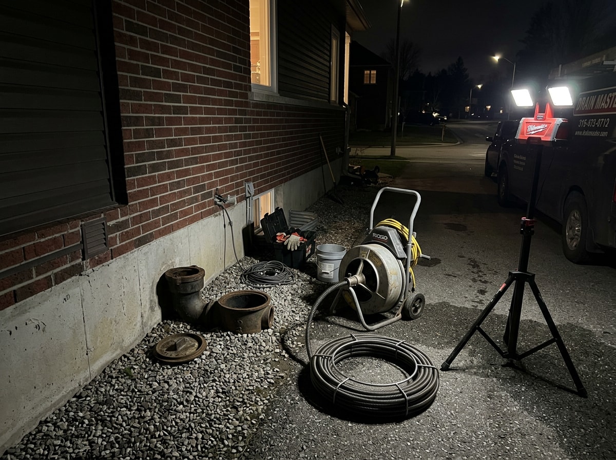 Exterior sewer cleanout opened with drain cleaning machine staged under portable work lights at night