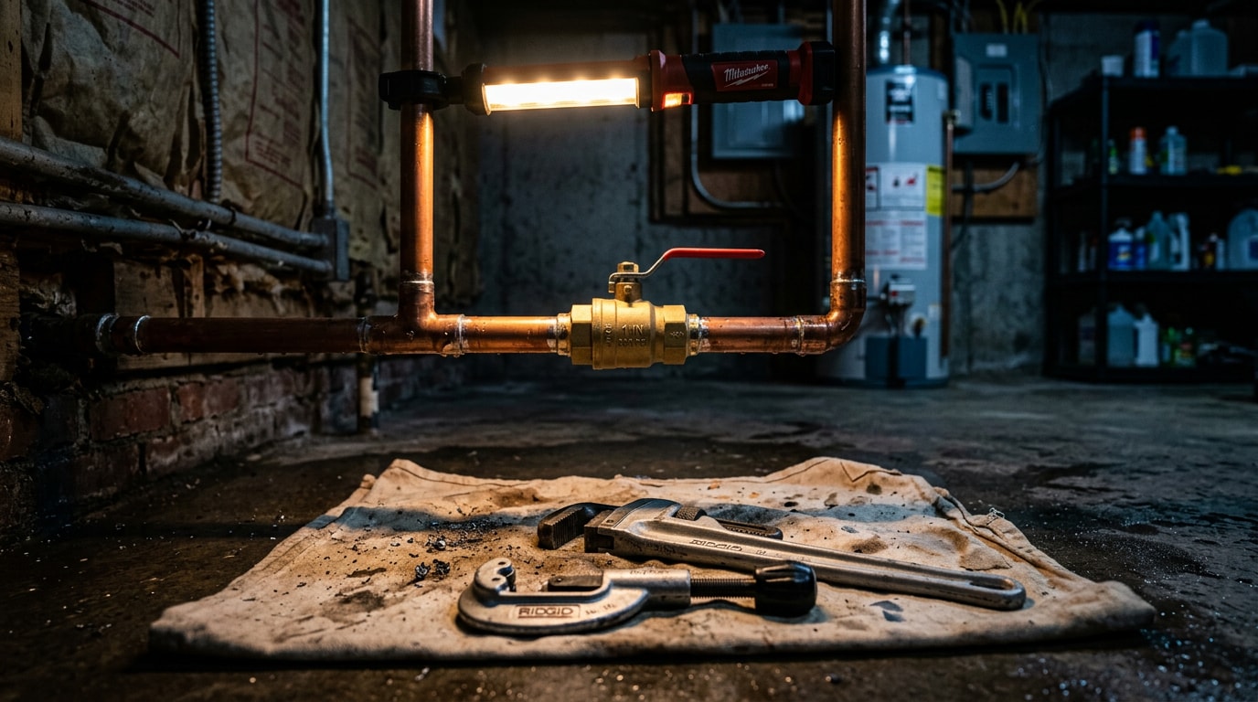 Freshly repaired copper water main with new brass shutoff valve lit by a work light at night