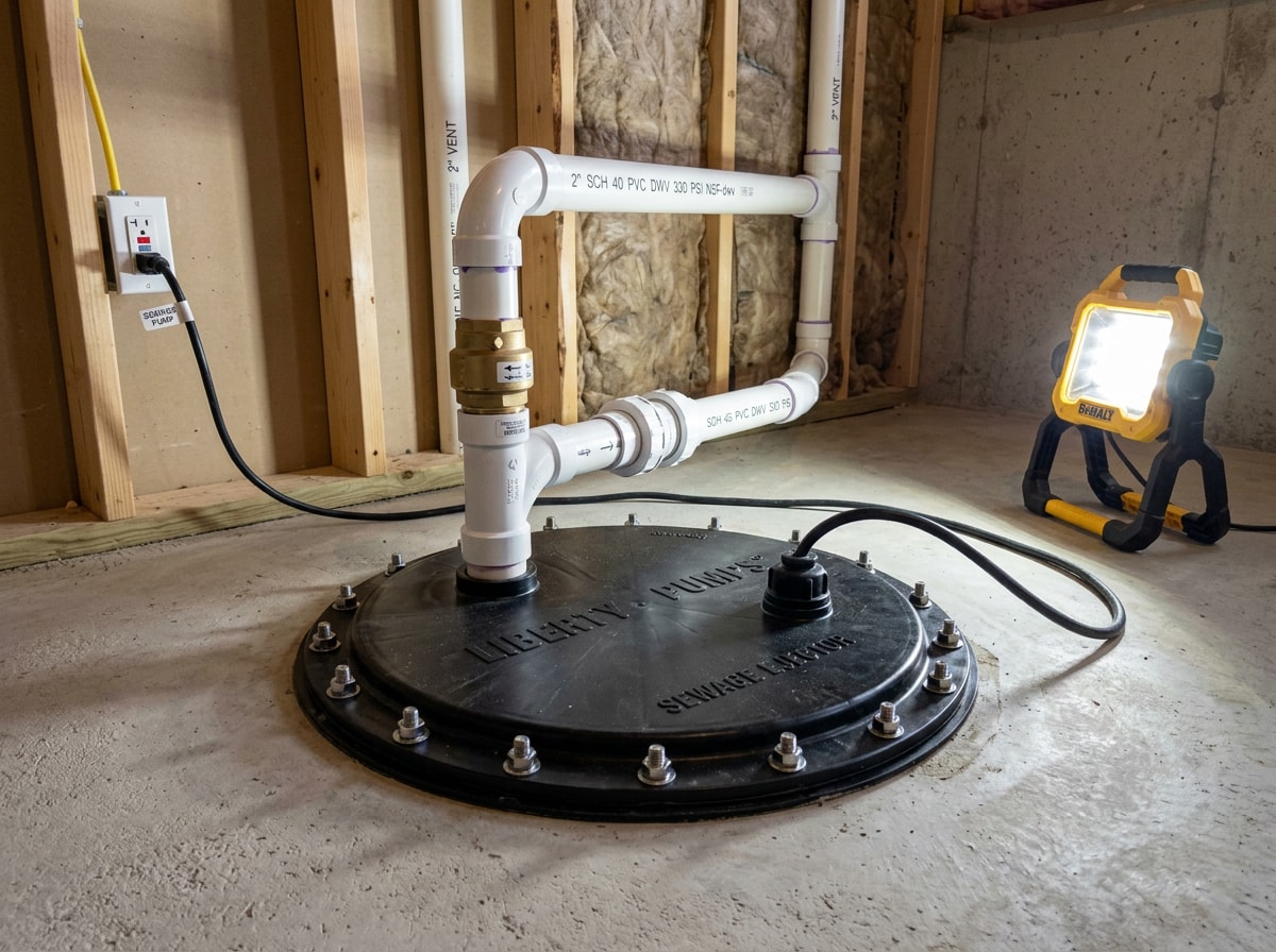 Sealed sewage ejector basin set in a basement floor with 2 inch discharge and vent piping