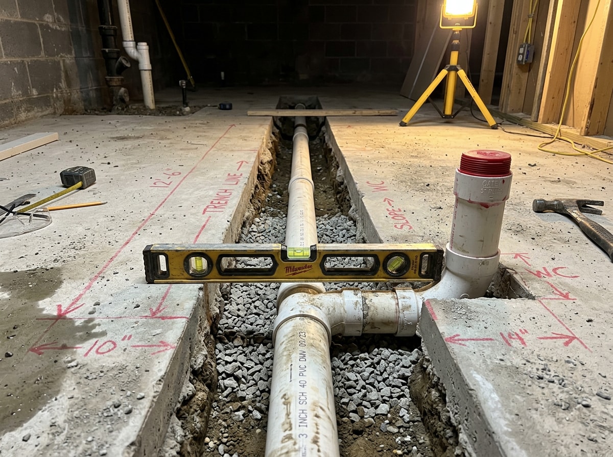 Open trench in a basement slab with 3 inch PVC drain line and closet bend set to grade