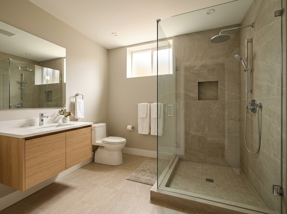 Finished below grade bathroom with tiled shower, floating vanity, and toilet installed
