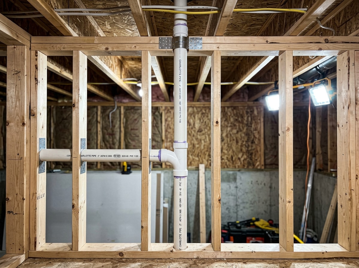Neatly assembled PVC vent piping running through framed basement bathroom walls to the main stack