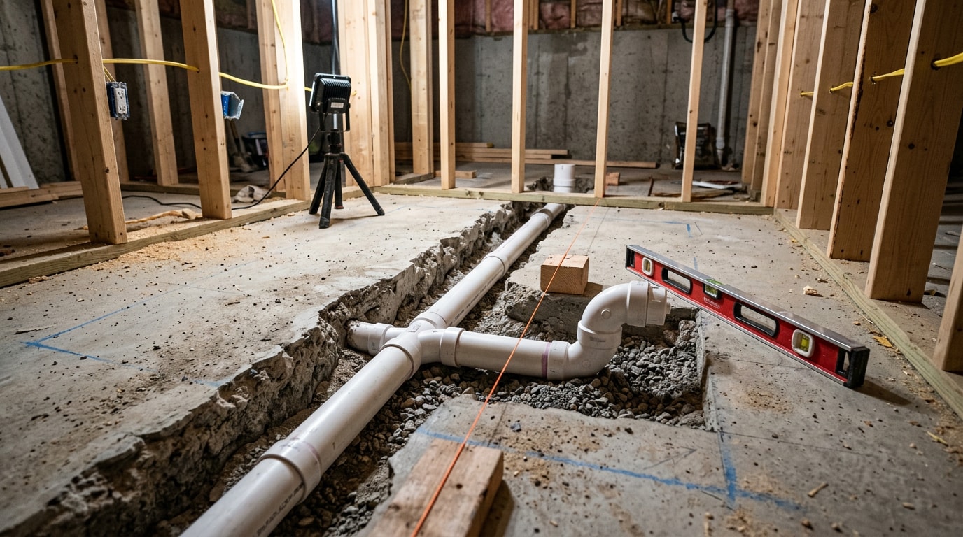 Basement bathroom plumbing rough-in with PVC drain lines in a trenched concrete slab Basement bathroom plumbing rough-in with PVC drain lines in a trenched concrete slab