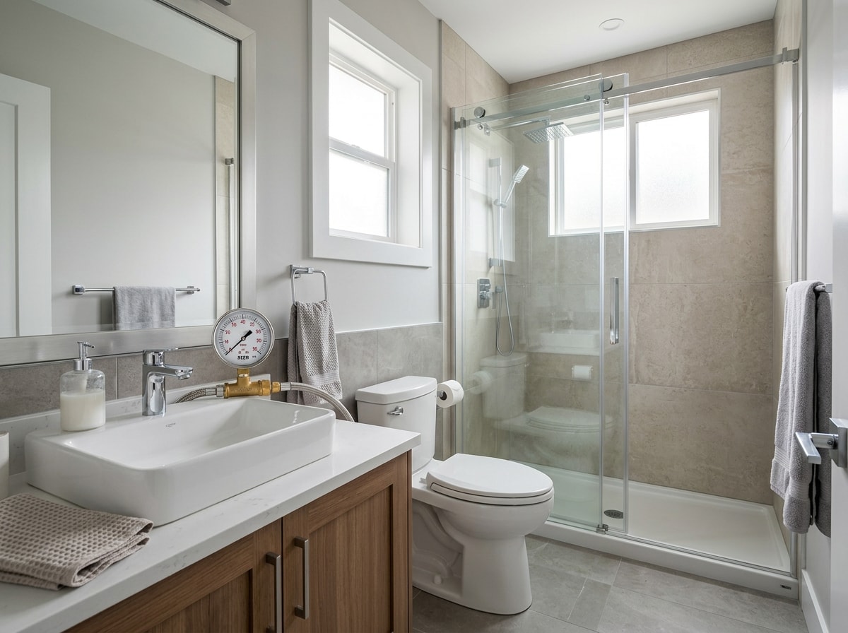 Bathroom sink, toilet, and shower with visible plumbing inspection points