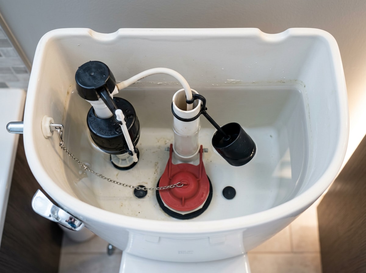 Open toilet tank showing flapper, fill valve, and float assembly