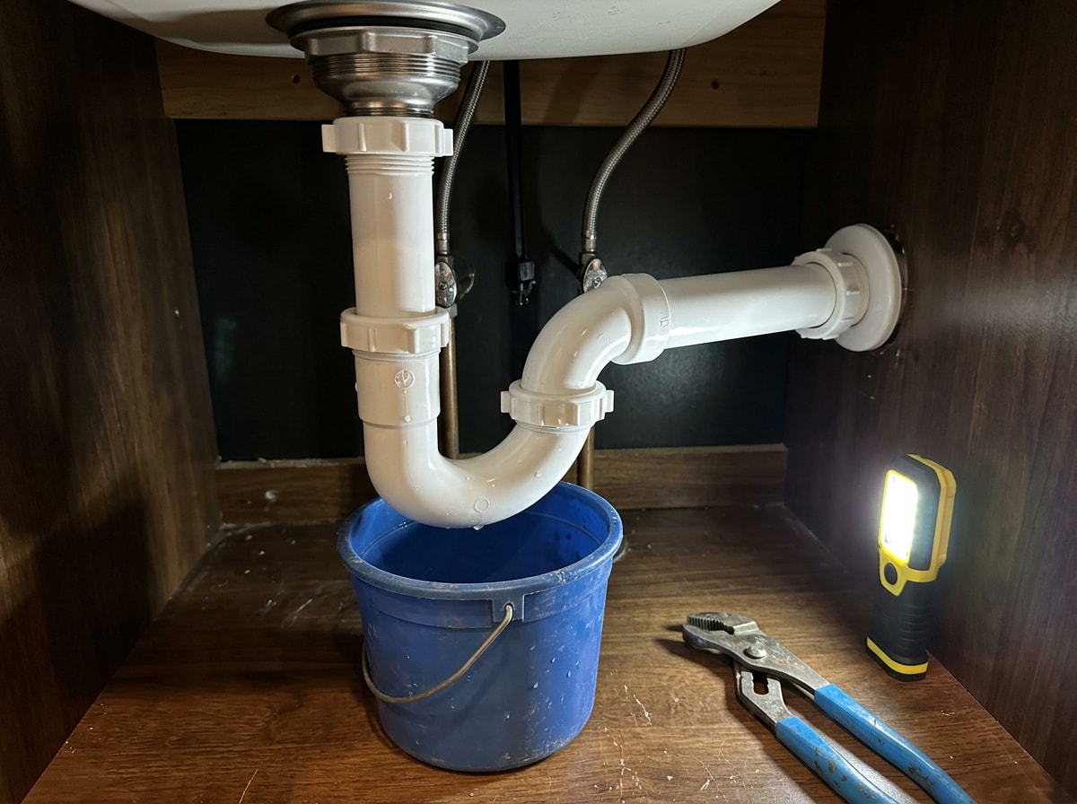 Under sink P-trap and drain assembly with bucket placed underneath
