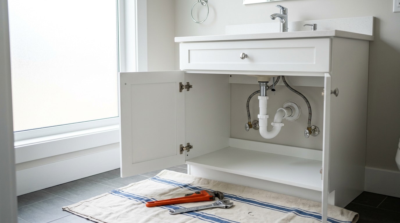 Bathroom vanity with open cabinet showing P-trap and supply lines during a plumbing repair