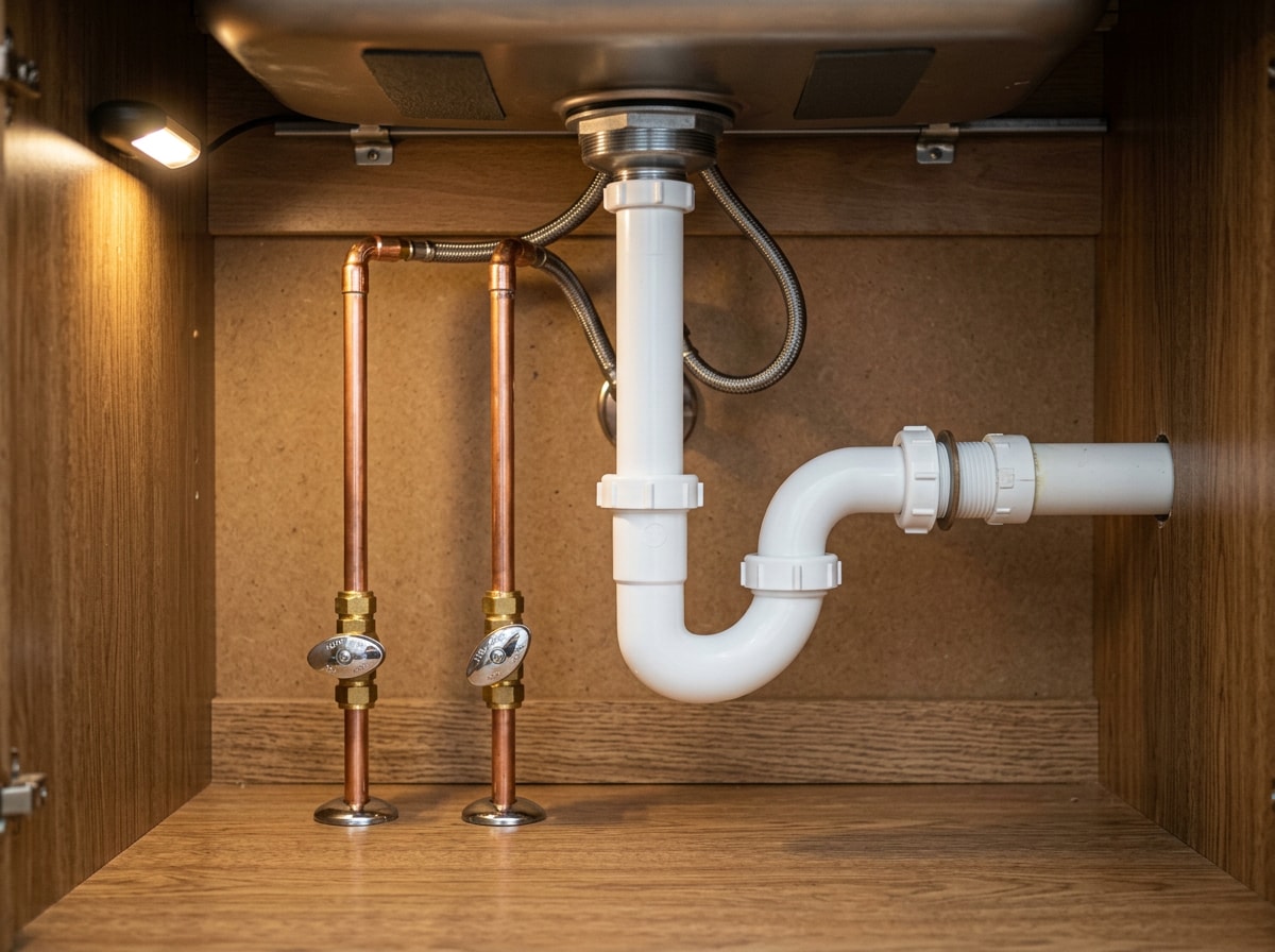 Copper supply lines and shutoff valves under a kitchen sink after a professional repair