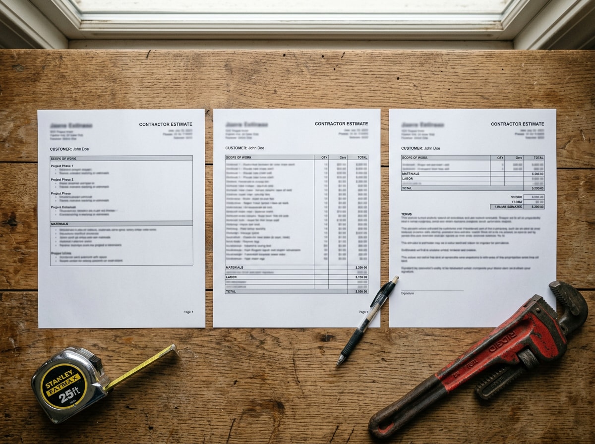 Three printed itemized plumbing estimates laid side by side on a work table