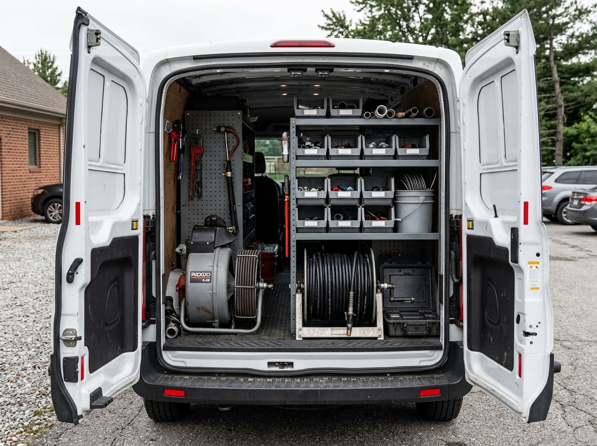 Service van interior with organized drain machines, hoses, and camera equipment