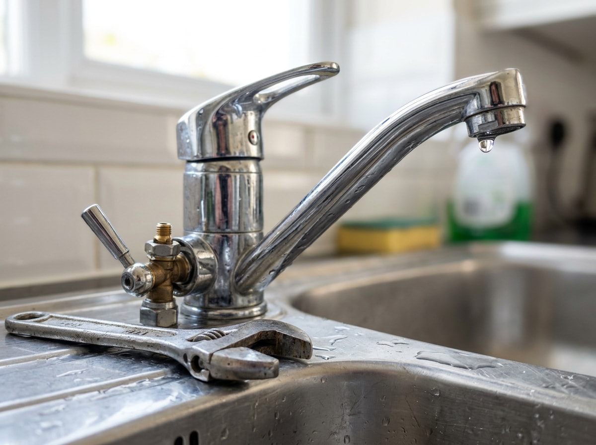 Technician repairing a kitchen faucet during a plumbing repair service call in Sunnyvale, CA