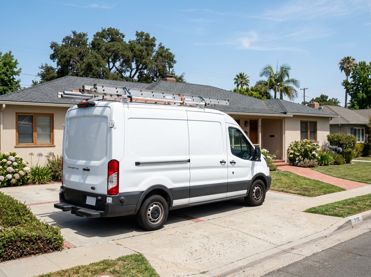 Plumbing service van parked outside a home before a scheduled handyman repair in Sunnyvale