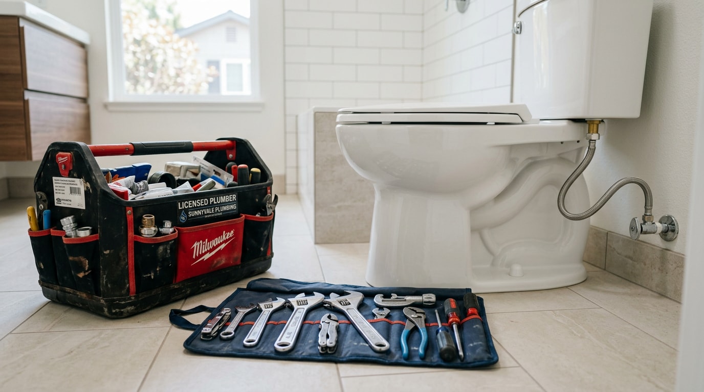 Plumbing tools and a newly installed toilet during a handyman plumbing service call in Sunnyvale, CA