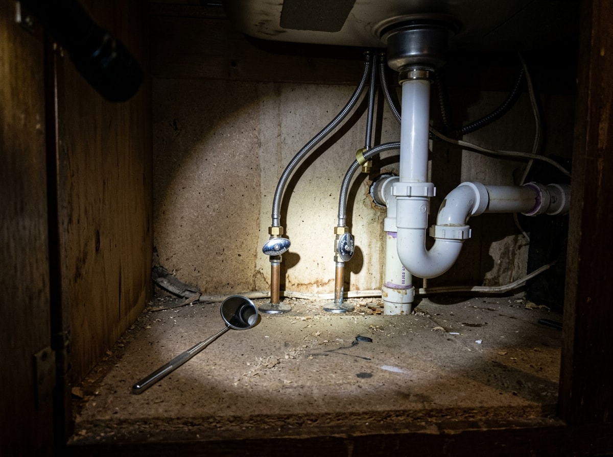 Under-sink cabinet with flashlight beam on dry supply lines, angle stops and P-trap during a monthly plumbing check