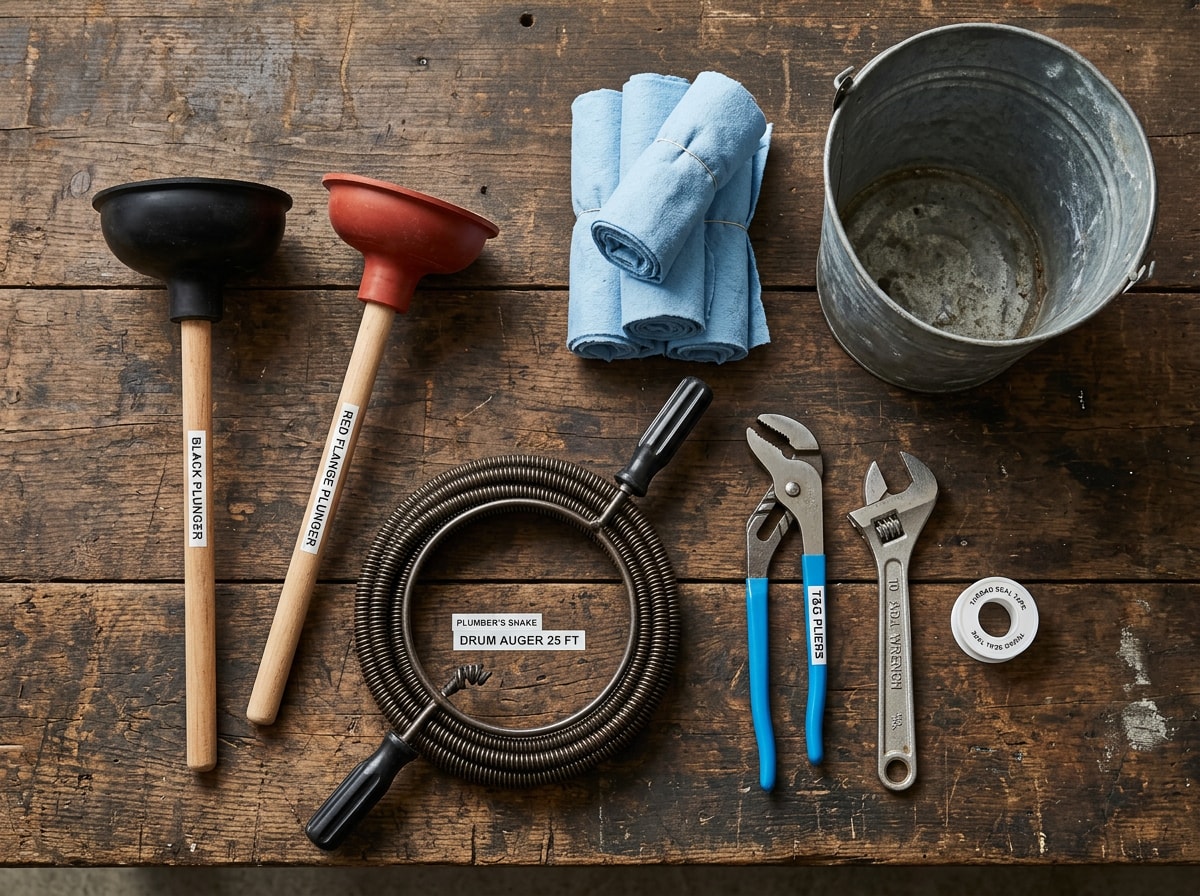 Flat lay of homeowner plumbing tools on a workbench including cup plunger, flange plunger, tongue-and-groove pliers, hand auger and thread seal tape