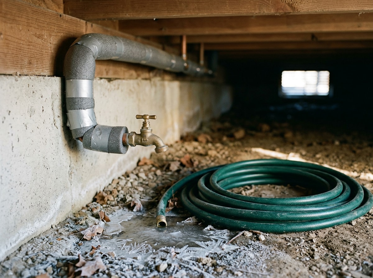 Foam insulation sleeve installed on an exposed copper pipe beside a drained outdoor hose bib in a crawl space before winter