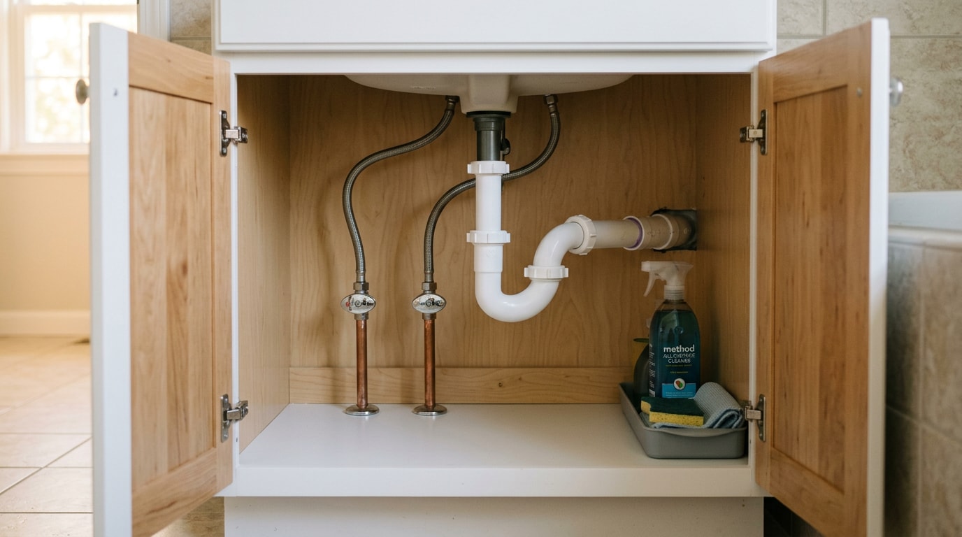 Clean under-sink plumbing with braided supply lines, angle stops and P-trap in a home bathroom cabinet Clean under-sink plumbing with braided supply lines, angle stops and P-trap in a home bathroom cabinet