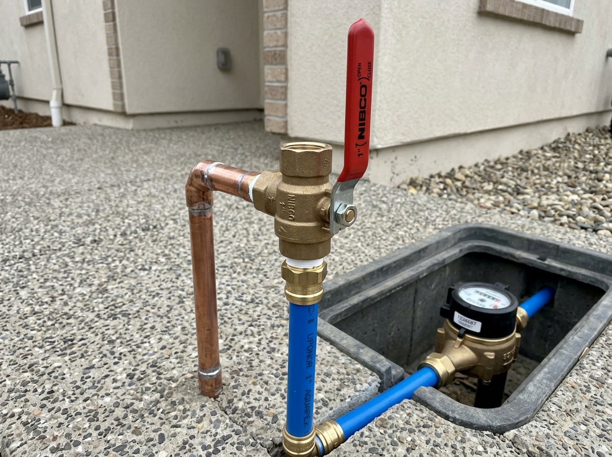 Copper and PEX water supply lines with a main shut-off valve beside a residential water meter