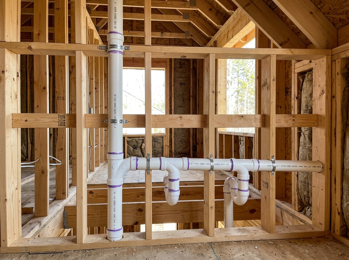 PVC drain lines and a vertical vent stack running through open wall framing