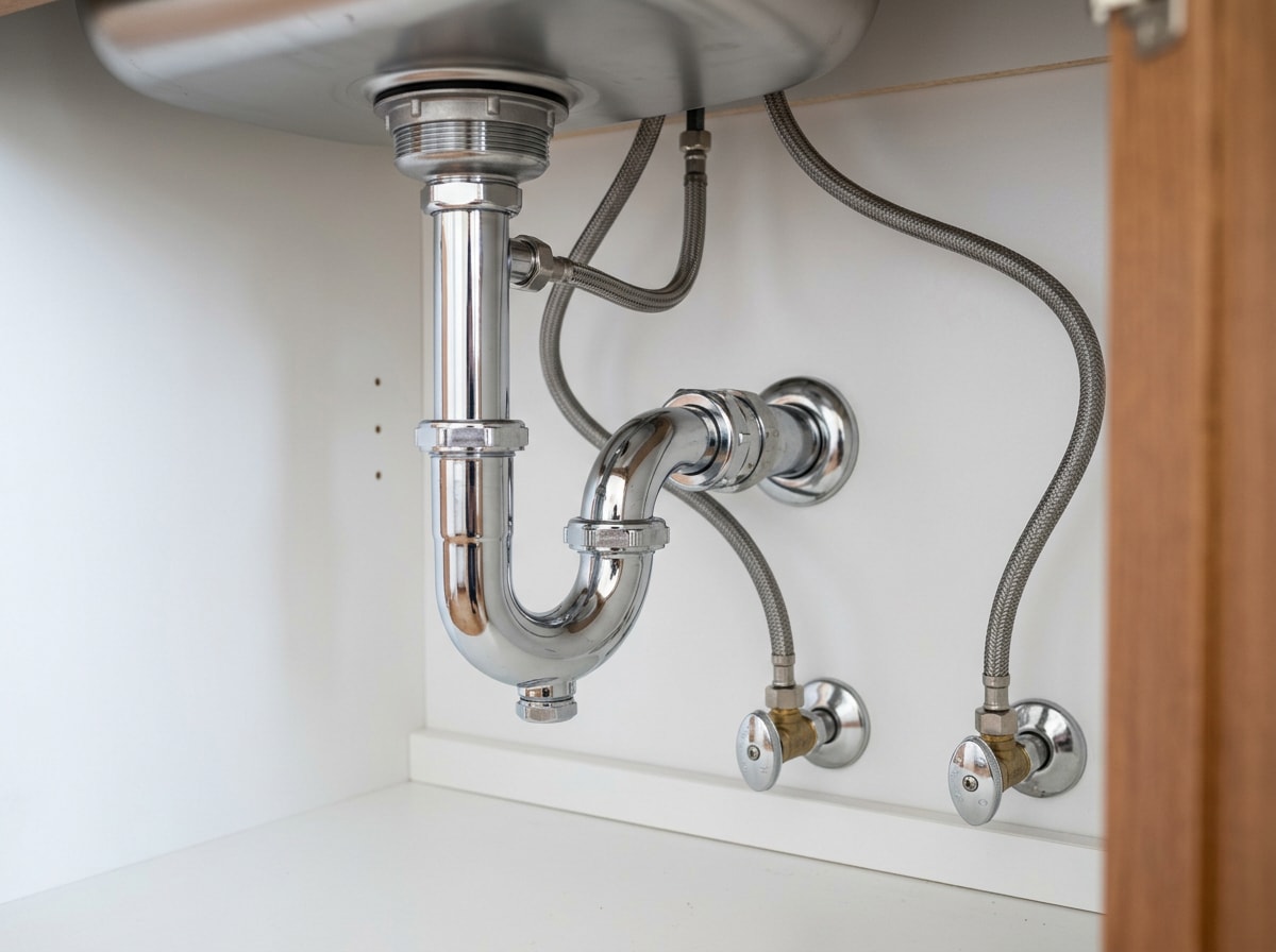 Under-sink P-trap with chrome tailpiece and angle stop supply valves