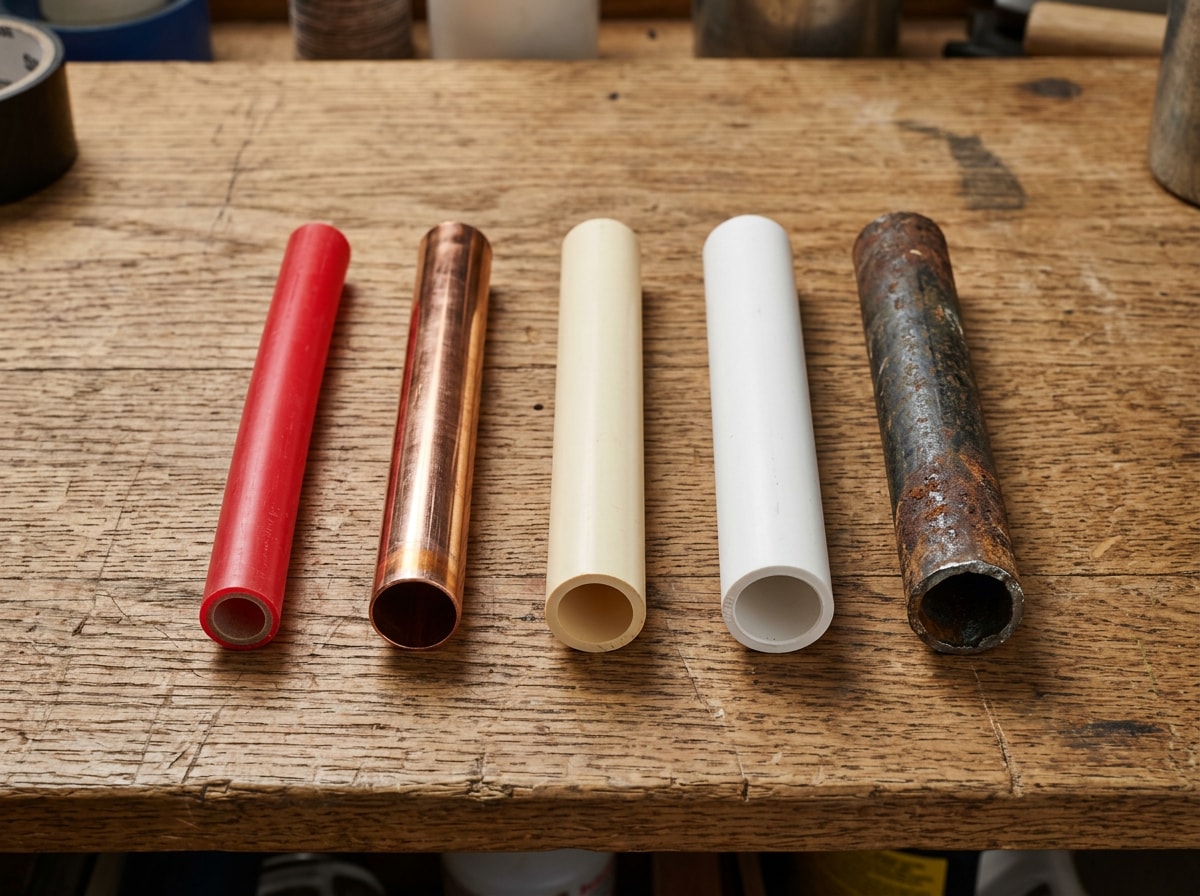 Cut sections of PEX, copper, CPVC, PVC and galvanized steel pipe arranged on a workbench