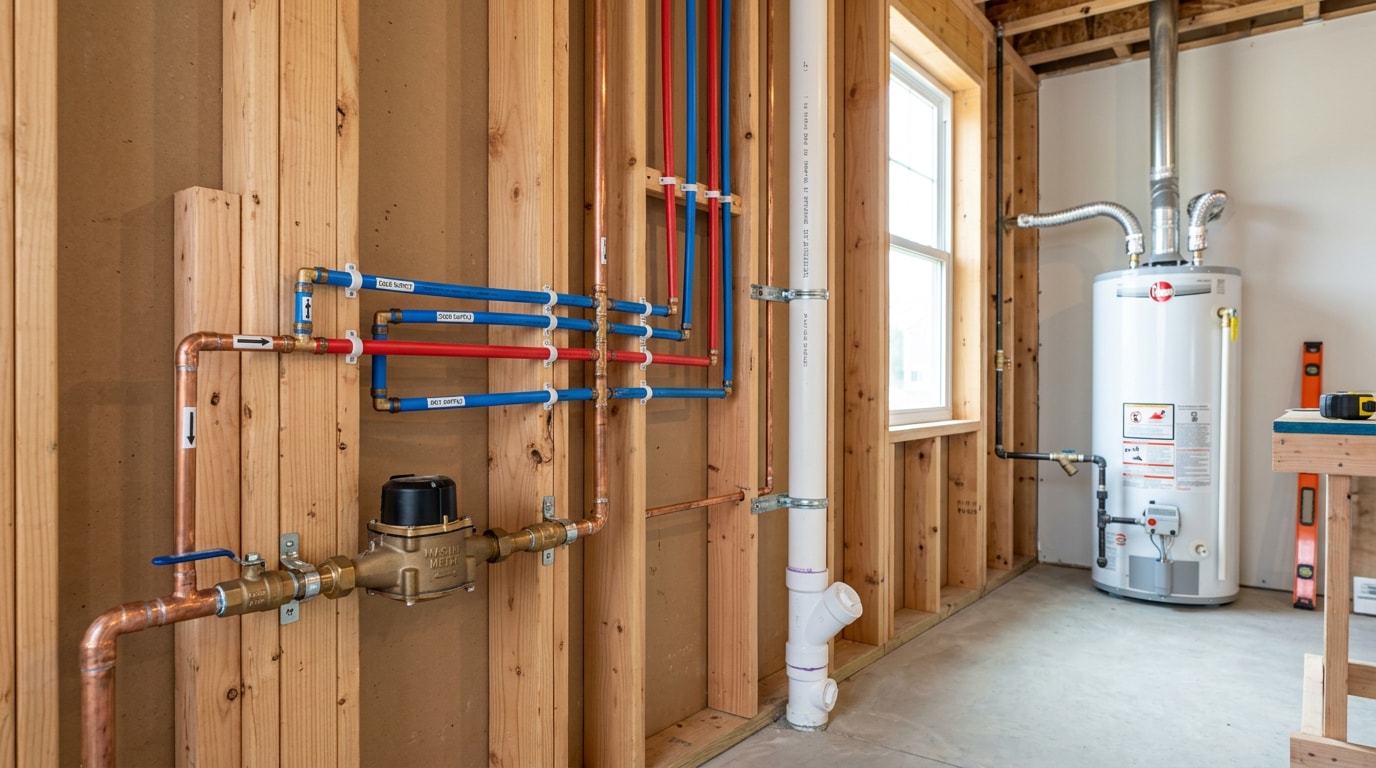 Finished residential plumbing system with copper and PEX supply lines, shut-off valve and PVC drain stack Finished residential plumbing system with copper and PEX supply lines, shut-off valve and PVC drain stack