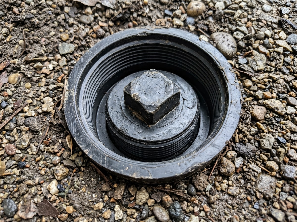Outdoor plumbing cleanout with the white ABS cap removed showing the threaded plug and square nut