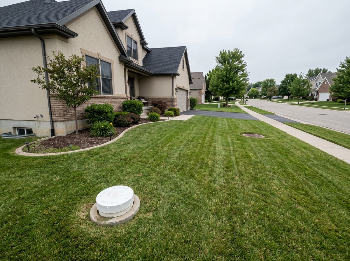 Front yard of a home showing a capped white sewer cleanout in the lawn near the foundation