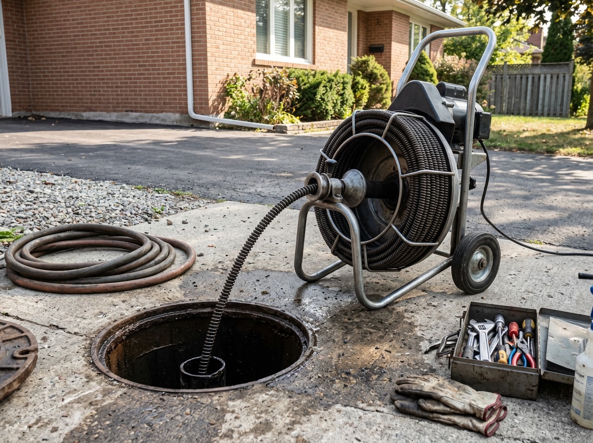 Drain cleaning cable machine feeding into an open outdoor sewer cleanout