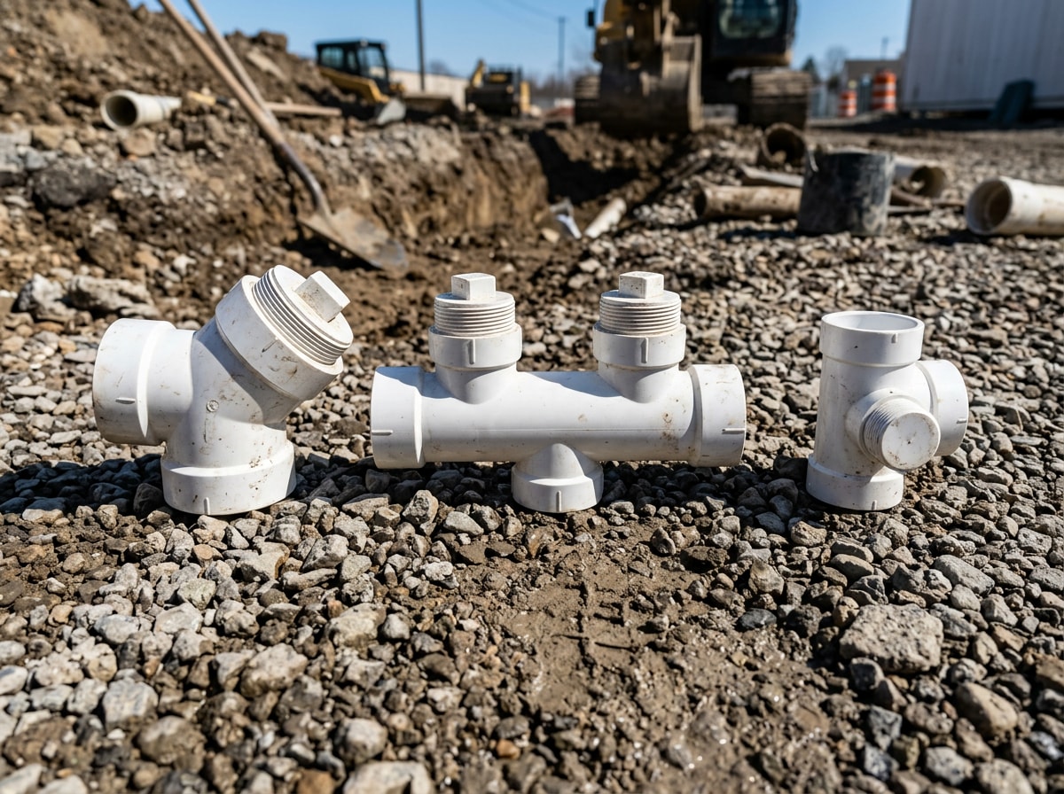 Three sewer cleanout fittings, one way, two way, and test tee, laid out on gravel at a job site